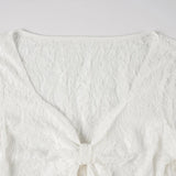  MQTIME  -  Women's White Lace Crop T-shirts with Front Knot & Bell Sleeves Sexy V-Neck See Through Floral Lace Tee Tops Casual Autumn Chic