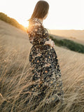 MQTIME  -  Boho Floral Maternity Dress Photography Backless Half Sleeve Ruffle Maxi Gown for Pregnant Women Gender Reveal Party Outfit