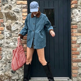 MQTIME  -  Women's Contrast Lapel Collar Cargo Jacket Chic Single Breasted Loose Full Sleeve Casual Coat Autumn Lady Fashion Outwear