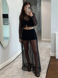 MQTIME  -  See Through Women's Pant Suit Two Piece Set Sexy Tassel  Patchwork Full Sleeve Tank Top Wide Leg Pants Female Sets Beach Outfit