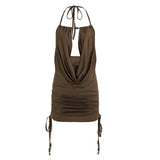 MQTIME  -  Women Summer Holiday Solid Beading Lace Up Halter Backless Mini Dress Sexy Swinging Collar Drawstring Ruched Bodycon Clubwear