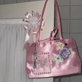 MQTIME  -  Vintage Lolita Romantic Satin Mini Tote Bag Ladies Handmade Floral Applique Bead Pendant Fairy Cottagecore Crossbody Purse