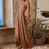 MQTIME  -  Vintage Pattern Print Loose Irregular Long Dress Women Spring V Neck Halter Boho Maxi Dress Summer Backless Vacation Beach Dress