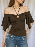  MQTIME  -  American Vintage Solid Beading Halter Short Sleeve All Match Slim-waist Top Female