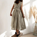 MQTIME  -  Vintage Cotton Linen Girls Sleeveless Dress Chic Open Back Buttons Bandage Bow Sweet Loose Wending Evening Party Dresses