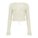  MQTIME  -  Y2k Sweet Solid Bandage Ruffles Neck Lace-up Patchwork Irregular Design Short Cardigan