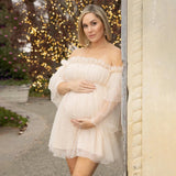  MQTIME  -  Maternity Dresses for Photo Shoot Baby Shower Off Shoulder Long Sleeves Ruffles Tulle Bridal Prom Gown Women Pregnant Robe