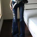 MQTIME  -  Women's Clothing Dark Blue Embroidery Jeans High Rise Side White Floral Rose Stitching Slim Flare Denim Trousers Casual Pants