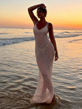MQTIME  -  Women's Summer Knitted Deep V Neck Cover Ups Crochet Cutout Backless Split Dress Hollow Out Bikini Swimsuit Sundress