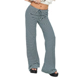 MQTIME  -  Ladies Striped Flare Trousers with Elastic Waistband Stylish Straight Leg Bell Bottom Pants for Casual Wear Long and