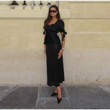 MQTIME  -  Women's Elegant Satin Blouse Top with Lace Trim Puff Sleeve Square Neck Tie Cuff Sweetheart Neckline Casual Office Lady Clubwear