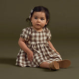  MQTIME  -  Vintage Brown Plaid Girls' Bubble Sleeved Dress Summer New Cute Baby Girl Round Neck Waist Pleated Loose Dresses