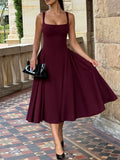 MQTIME  -  Summer New French Square Neck Women Elegant Strap Dress Simple Solid Color Female Banquet Grand Display Long Dresses