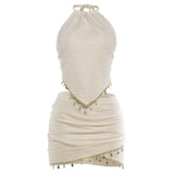 MQTIME  -  Sheel Tassel Vacation Beach 2 Piece Set Women Fashion Lace Up Halter Backless Irregular Tank Tops + Mini Skirts Casual Suits