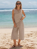 MQTIME  -  Sleeveless Printed Striped T-shirt Women 7 Point Pants Suit Fashion Pocket Top Elastic Waist Tie Loose Wide Leg Pants 2piece Set