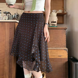 MQTIME  -  Vintage Brown White Polka Dot Chiffon Midi Skirts Women New High Waist Irregular Ruffle Layered Flowy A Line Casual Ankle Skirts