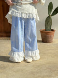 MQTIME  -  Spring Children Girl Straight Pant Loose Lace Floral Hem Belle Girl Wide Leg Pant Cotton Plaid Casual Toddler Girl Trousers