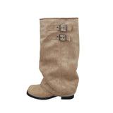 MQTIME  -  Women's boots new retro thick heel pleated short tube boots short boot trend