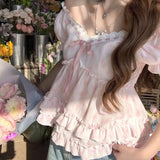  MQTIME  -  Sweet Temperament Flower Print V Neck Puff Sleeve Bow Ruffles Bandage Women Blouse