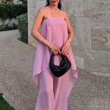 MQTIME  -  Sexy Strapless Hem Top & Long Pants Summer Outfit Casual Loose Thin Holiday Suits Irregular Chiffon Women's Two Piece Set