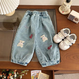MQTIME  -  Infant Baby Girl Spring Jeans Cotton Bear Embroidery Loose Children Girl Lantern Pants Elastic Waist 1-6Y Girls Denim Pants