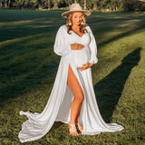  MQTIME  -  Maternity Photography Dresses Baby Shower Maxi Gown Lantern Sleeve V Neck Pregnancy Wrap Side Split Robe