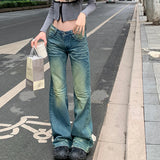 Mqtime Streetwear Geometric Y2K Print Casual Washed Jeans Women Spring New Korean Low Waist Do Old Sexy Slim Wide Leg Pants