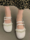 MQTIME  - Solid Lolita Kawaii Mary Janes Shoes Women Bow Sweet Princess Round Toe Shoes Female Beading Korean Fashion Flat Shoes 2024 New