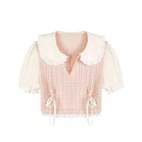 MQTIME  -  French Temperament Sweet Peter Pan Collar Short Sleeve Lace-up Knitted Short T-Shirts