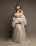 MQTIME  -  Dreamy Pearls Tulle Maternity Dress Custom Pearls Lace Maternity Dresses Photoshoot Puffy Sleeves платье для беременных 임산부 원피스