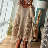 MQTIME  -  Autumn Women Solid Color Irregular Pullover Dress Fashion V Neck Long Sleeve Tassel Knitted Sweater Casual Loose Ladies Sweater