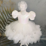 MQTIME  -  White Flower Girl Dresses Tulle Sequin With Bow Short Sleeve For Wedding Birthday First Communion Gowns