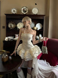 MQTIME  -  French Coquette Princess Elegant Strapless Corset Ruffle Tiered Asymmetrical Train Mini Dress Women White Satin Party Daily Wear