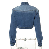 MQTIME  - Women Jeans Cardigan Turn Down Collar Long Sleeve Pockets Single Button Short Denim Jackets Crop Tops Female Casual Coats