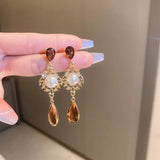 Mqtime South Korea's New Drop Crystal Pearl Pattern Pendant Earrings Retro Temperament Joker Earrings Women's Jewelry