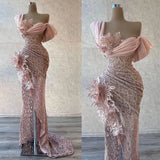  MQTIME  -  Luxury Dubai Arabia Prom Dresses Sexy One Shoulder High Split Evening Gowns Ruched Sweep Train Custom Made Party Formal Wear