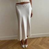 MQTIME  -  Retro Elegant Lace Patchwork Basic Satin Skirts Simple White Pure Desire Slim Down Fishtail Midi Skirt Female Clothing
