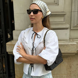  MQTIME  -  European and American Fashion French White Pure Cotton Doll Collar Puff Sleeve Tied Shirt