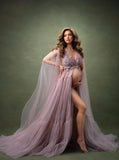 Mqtime Garden Lavender Floral Tulle Maternity Dresses To Photoshoots With Detachable Cape V-neck A-line Long Prom Gowns Tulle Robe