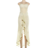 MQTIME  -  Ruched Mesh Ruffles Asymmetrical Maxi Party Dress Women Sexy Strapless Bodycon Vacation Beach Long Robe Birthday Outfits
