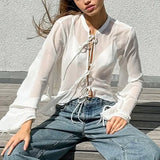  MQTIME  -  Autumn and Winter New Style Sense of Advanced Minority Unique Drawstring Frenum White Blouse See-through Top Women Tops