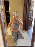  MQTIME  -  Chic Striped Kintted Long Pants Set Women Sexy Sleeveless Backless Halter Top Straight-leg Trousers Sets Lady Street Outfit