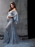 MQTIME  -  Bohemain Blue Maternity Dresses for Photoshoot Elegant Sweetheart Full Sleeve Babyshower Gowns Lace Photography Customized