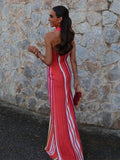 MQTIME  -  ﻿ Trendy Women's Halter Neck Striped Maxi Dress Chic Backless Sleeveless Fitted Long Dresses Summer Beach Vacation Party Gown