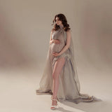  MQTIME  -  Elegant Maternity Photography Halter Cape Gown Slit Dress Pregnancy Photo Shoot Outfits Studio Posing Clothing For Portraits