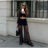 MQTIME  -  See Through Women's Pant Suit Two Piece Set Sexy Tassel  Patchwork Full Sleeve Tank Top Wide Leg Pants Female Sets Beach Outfit