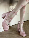 Mqtime Silk Square Toe Women High Heel Shoes Sexy Lace Up Fashion Women Pumps Lolita Kawaii Sweet Shoes Elegant Design