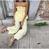 MQTIME  -  Tube Top Pant Women's Set Backless Off Shoulder Pleated Blouse High Waist Wide Leg Pants Lady Suit 2025 Summer Female Streetwear