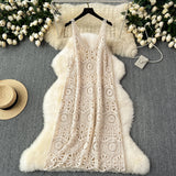 MQTIME  -  Sheer Longline Crochet Top Sleeveless Hollow Out Open-knit Long Cover-up Dress Women Summer Beach Vacation Outfit