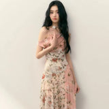 MQTIME  -  Fragmented Floral Patchwork Dress For Women'S Summer New High-End Design, Elastic Mesh Diagonal Shoulder Slit Irregular Slim Fit